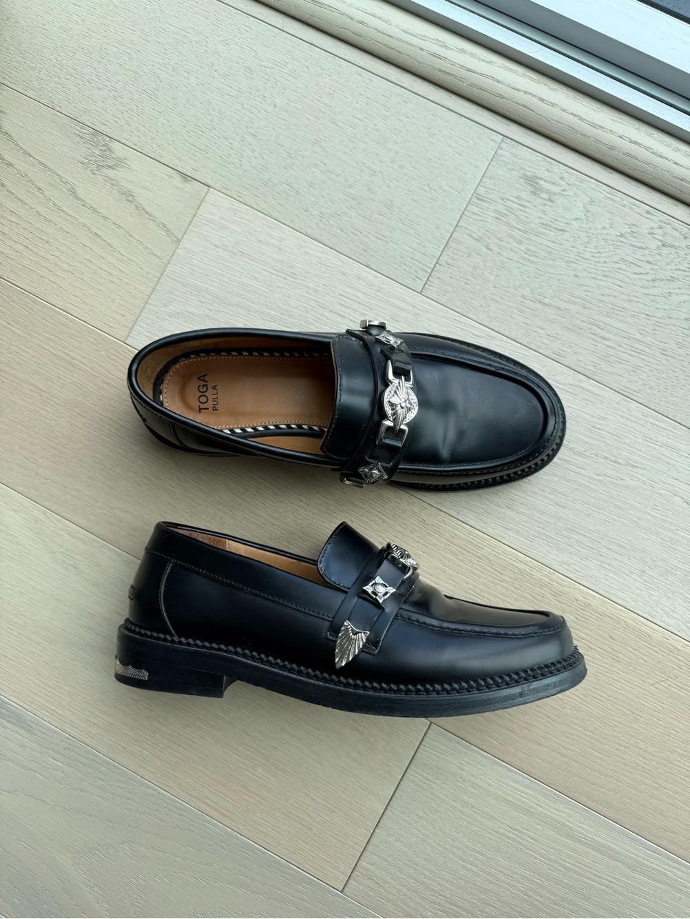 TOGA Pulla Black Leather Loafers with Silver Chain Detail - Picture 4 of 6